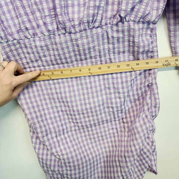 Zara Farmers Daughter Mini Dress Size M Purple Ruched Front Gingham Puff Sleeve - Picture 13 of 16
